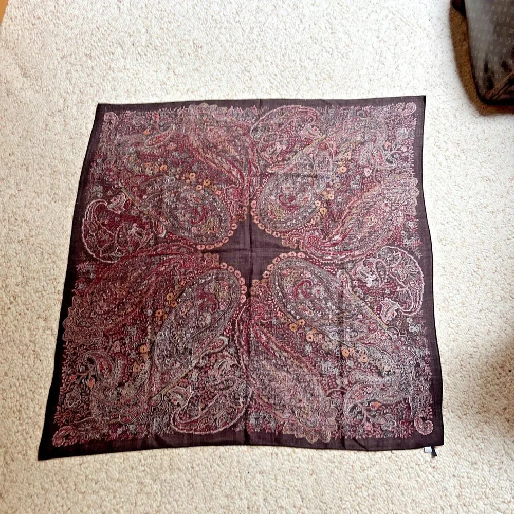 Talbots 44” x 44” Black Brown Burgundy Blue 80% Wool 20 Silk Paisley Print Scarf